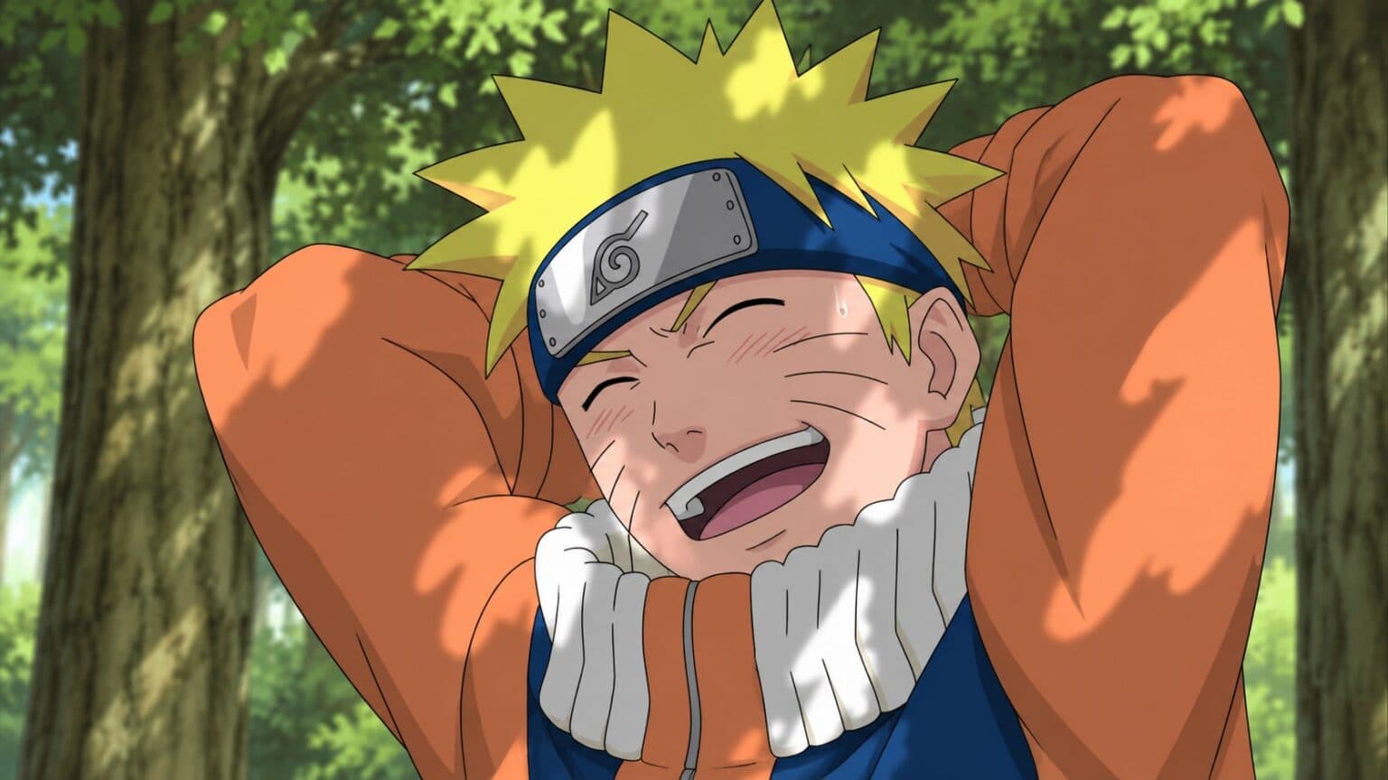 Naruto Uzumaki sonríe con las manos detrás de la cabeza, su banda de Konoha y su chaqueta naranja.